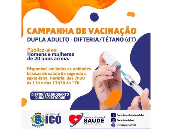 CAMPANHA DE VACINAÇÃO

DUPLA ADULTO - DIFTERIA/TÉTANO (dT)