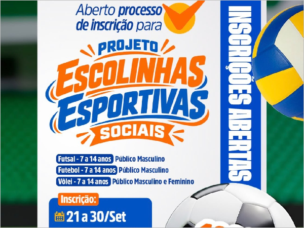 Estão abertas as inscrições para as Escolinhas Esportivas Sociais, com modalidades de Futebol, Futs [...]